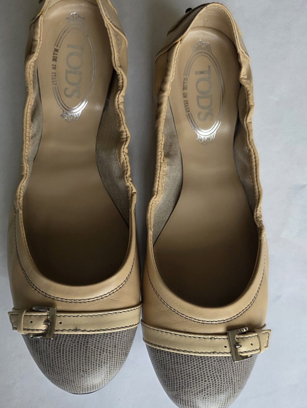 Tod's Two-Tone Cap-Toe Ballet Flats Beige Snake Print Size 40
